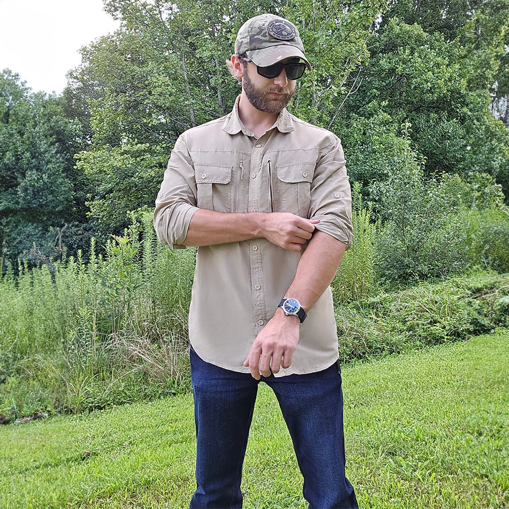 Khaki Men's Tactical Shirt, Quick-Dry & UV Protection for Hiking