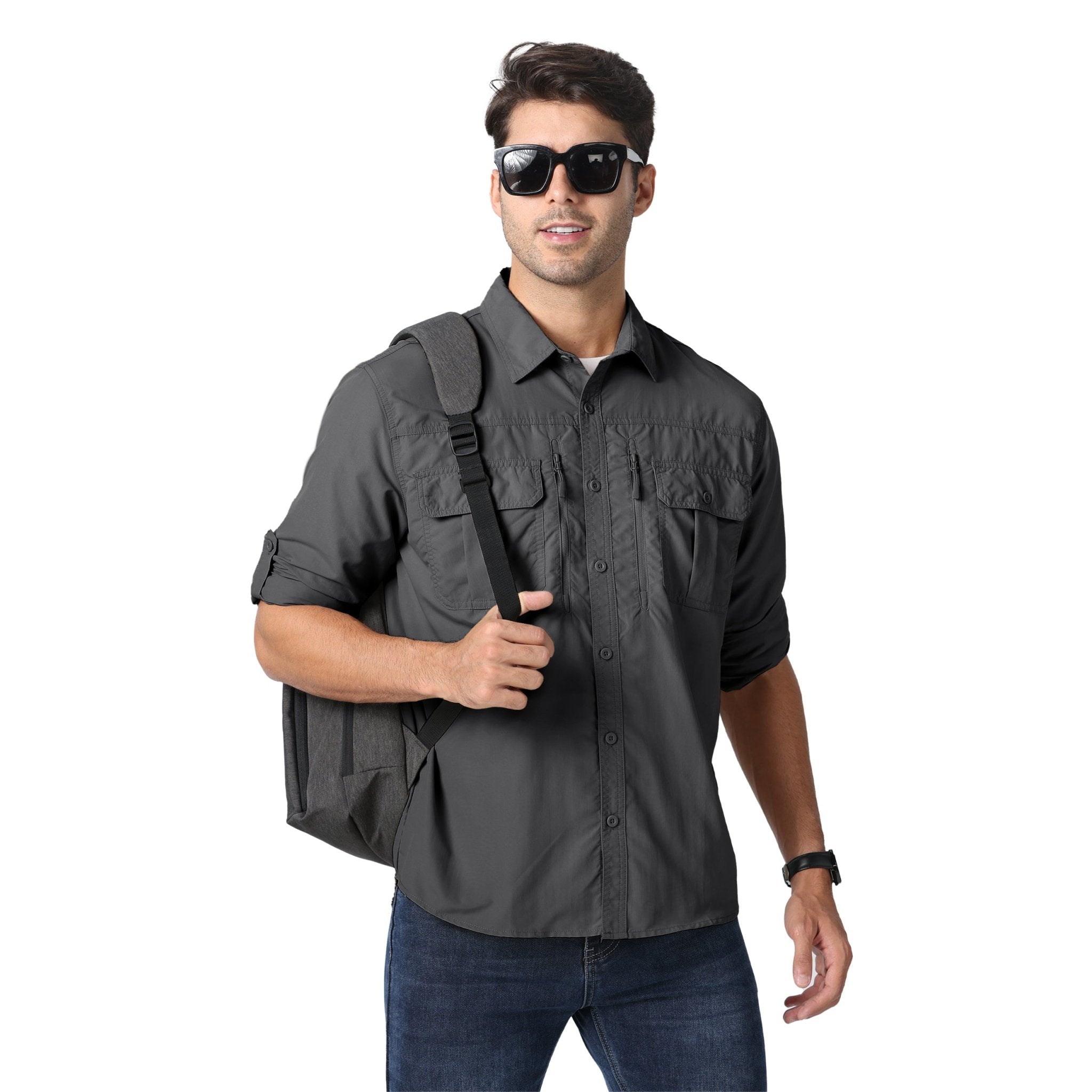 Dark-grey Men's Tactical Shirt, Quick-Dry & UV Protection for Hiking