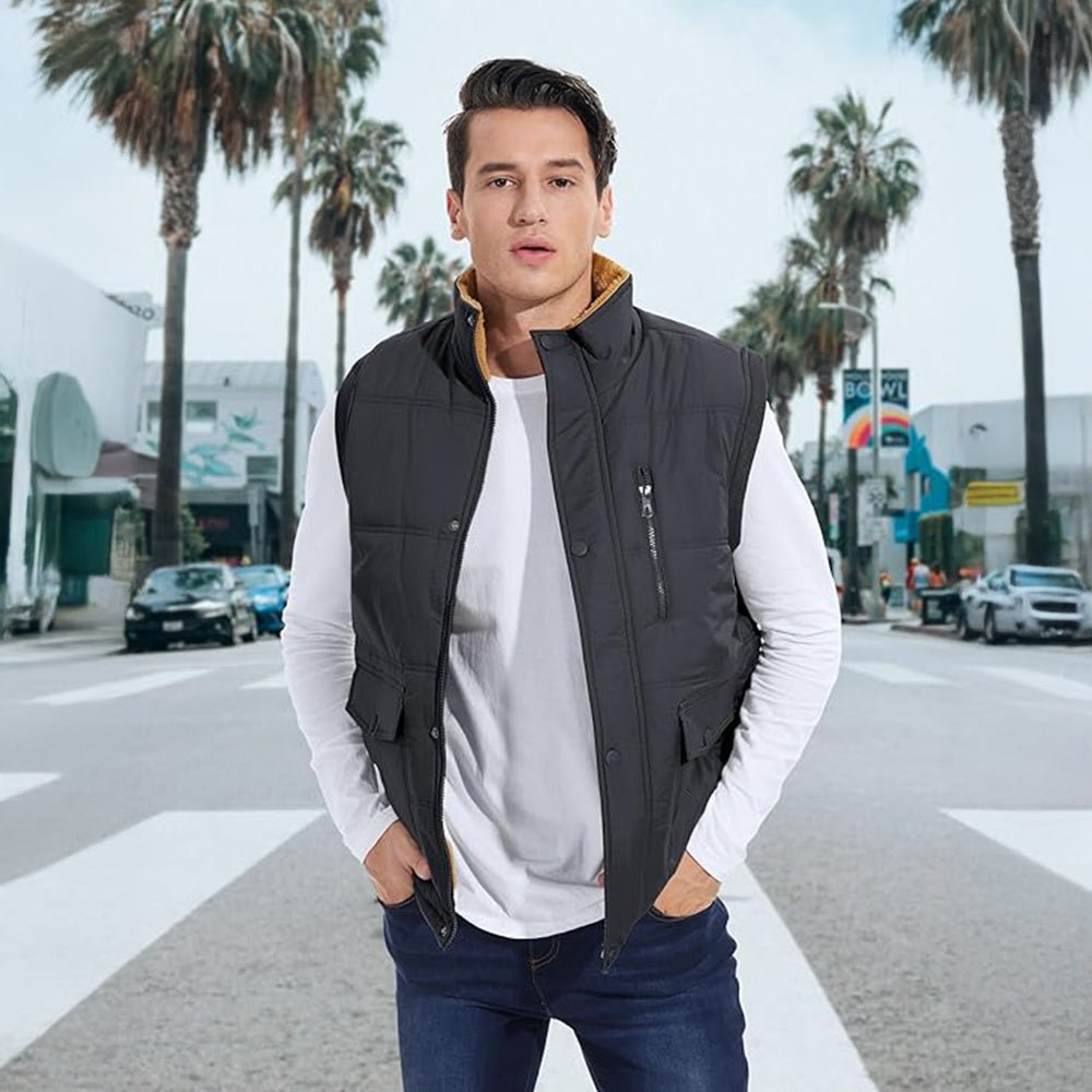 Dark Grey Men's Warm Fleece Lined Vest Outerwear Sleeveless Jacket - MAGCOMSEN