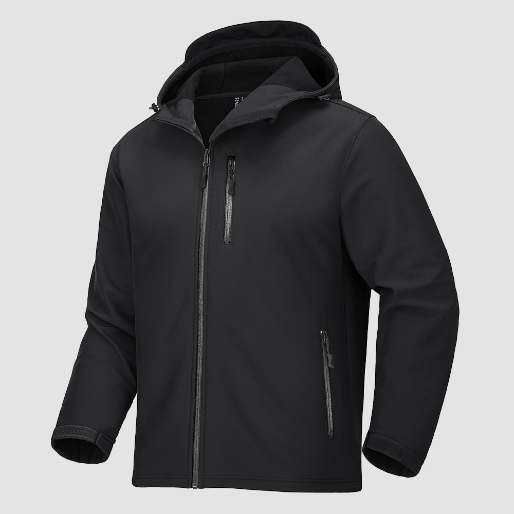 Black Men's Waterproof Fleece - Lined Winter Jacket - Lightweight Hooded Softshell for Hiking - MAGCOMSEN
