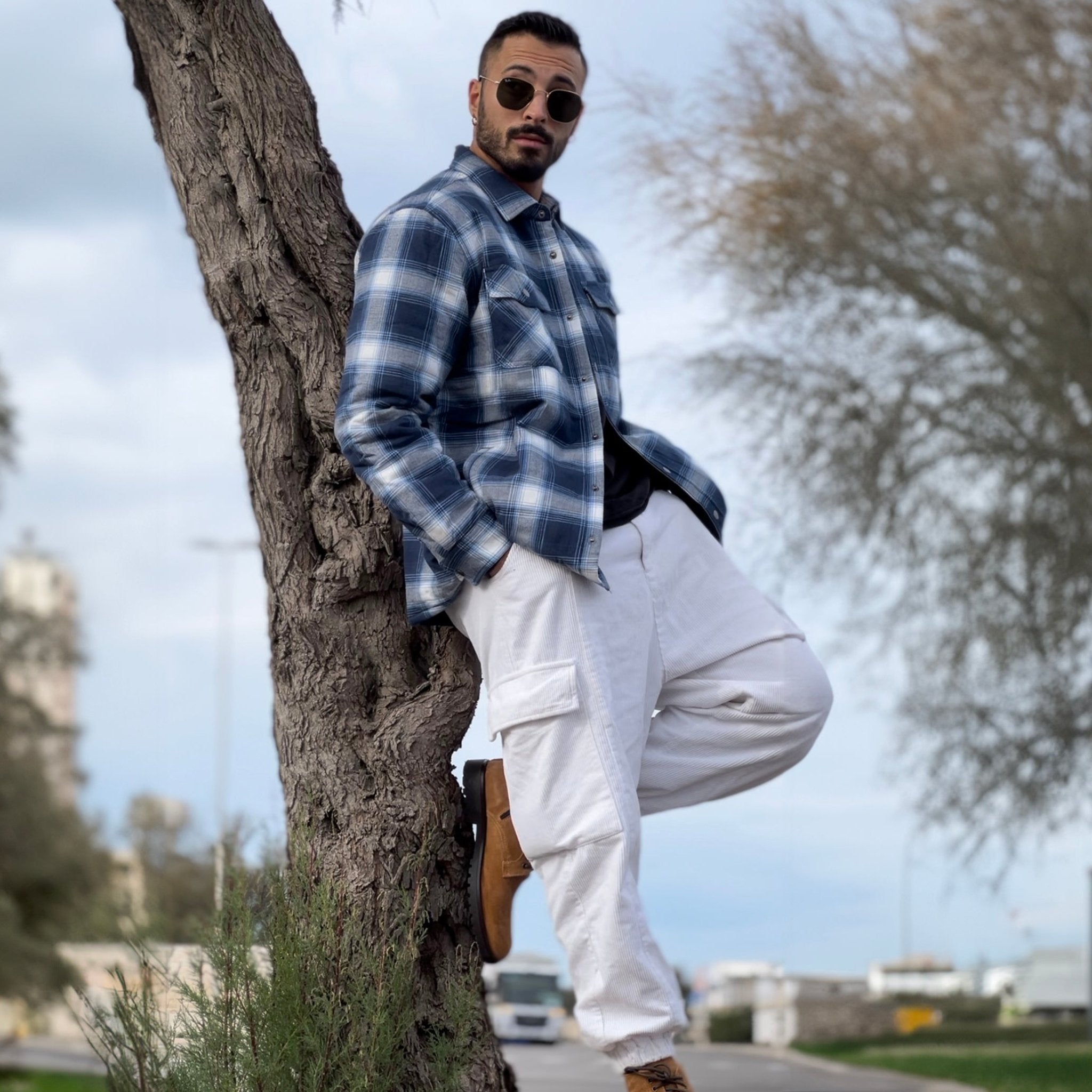 Blue White Men's Quilted Flannel Jacket - Warm Winter Padded Shirt - MAGCOMSEN