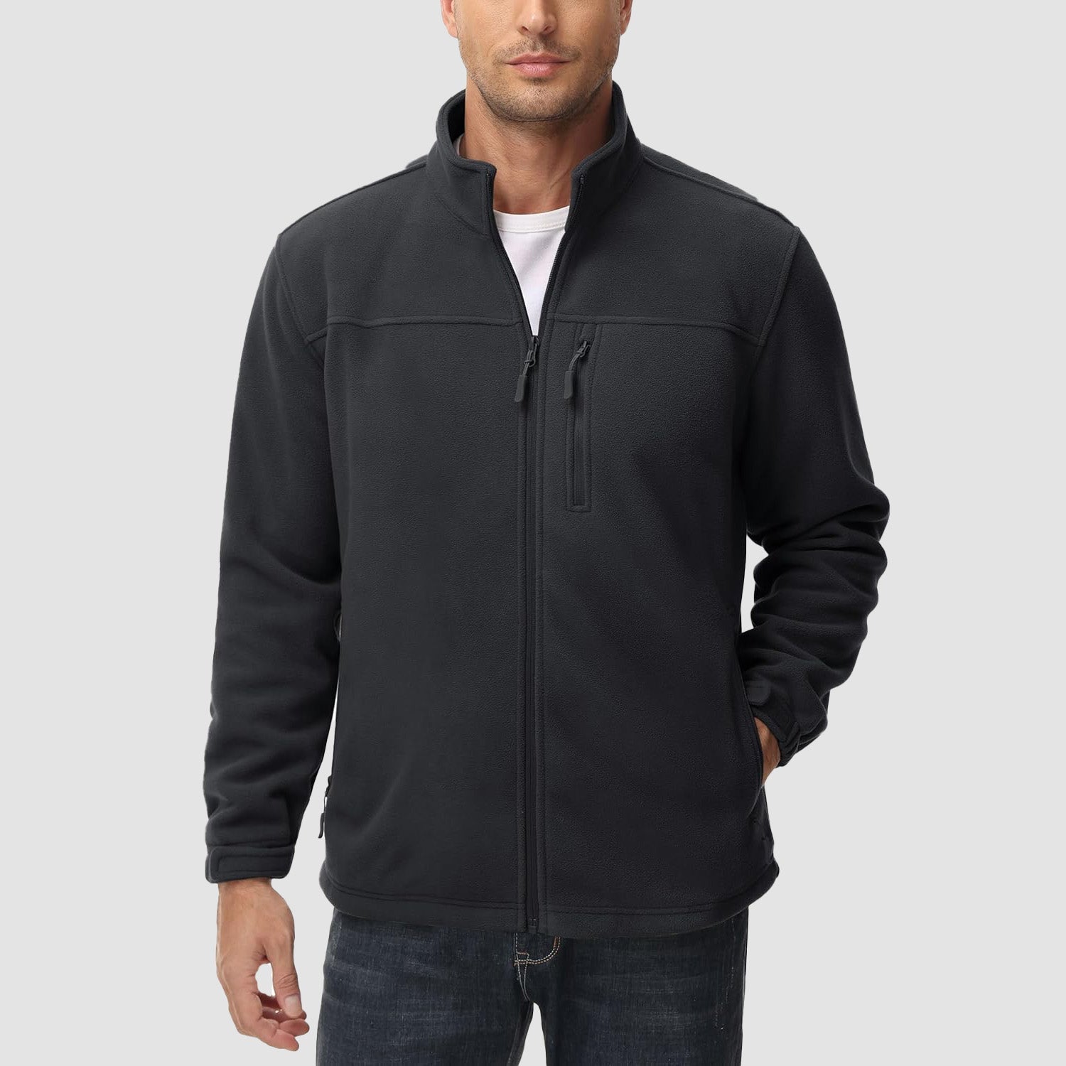 Black Men's Winter Fleece Jacket with 3 Pockets for Hiking & Outdoor