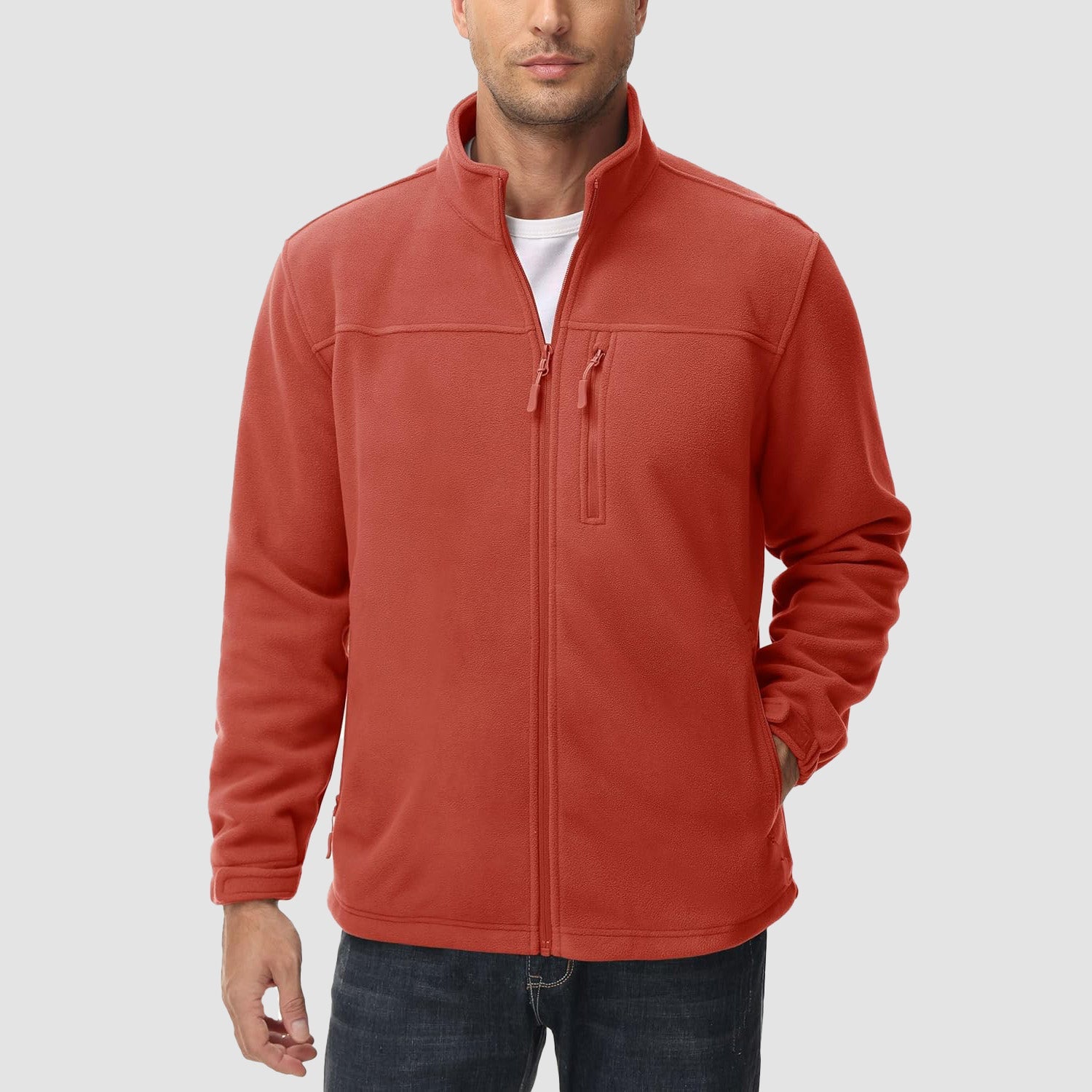 Red Men's Winter Fleece Jacket with 3 Pockets for Hiking & Outdoor
