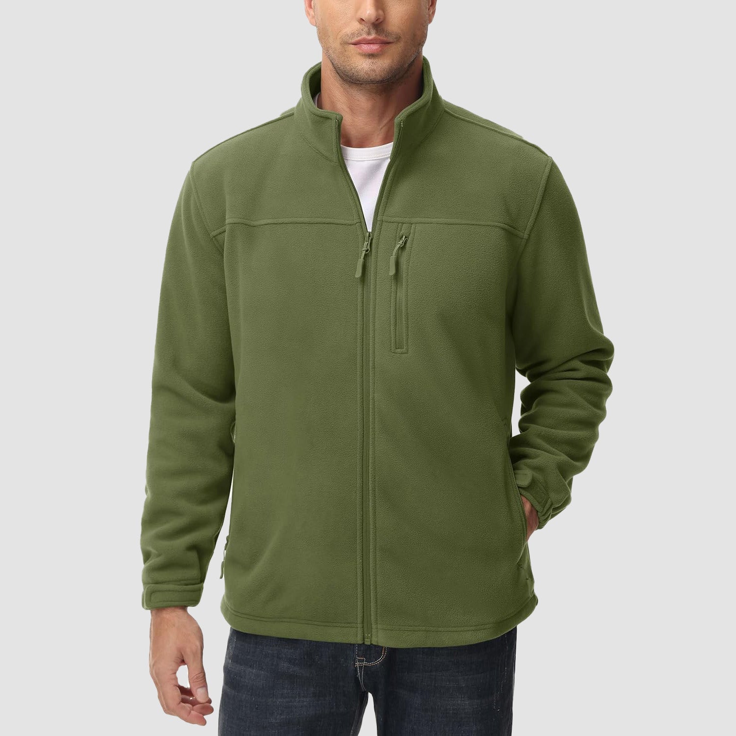 Army Green Men's Winter Fleece Jacket with 3 Pockets for Hiking & Outdoor