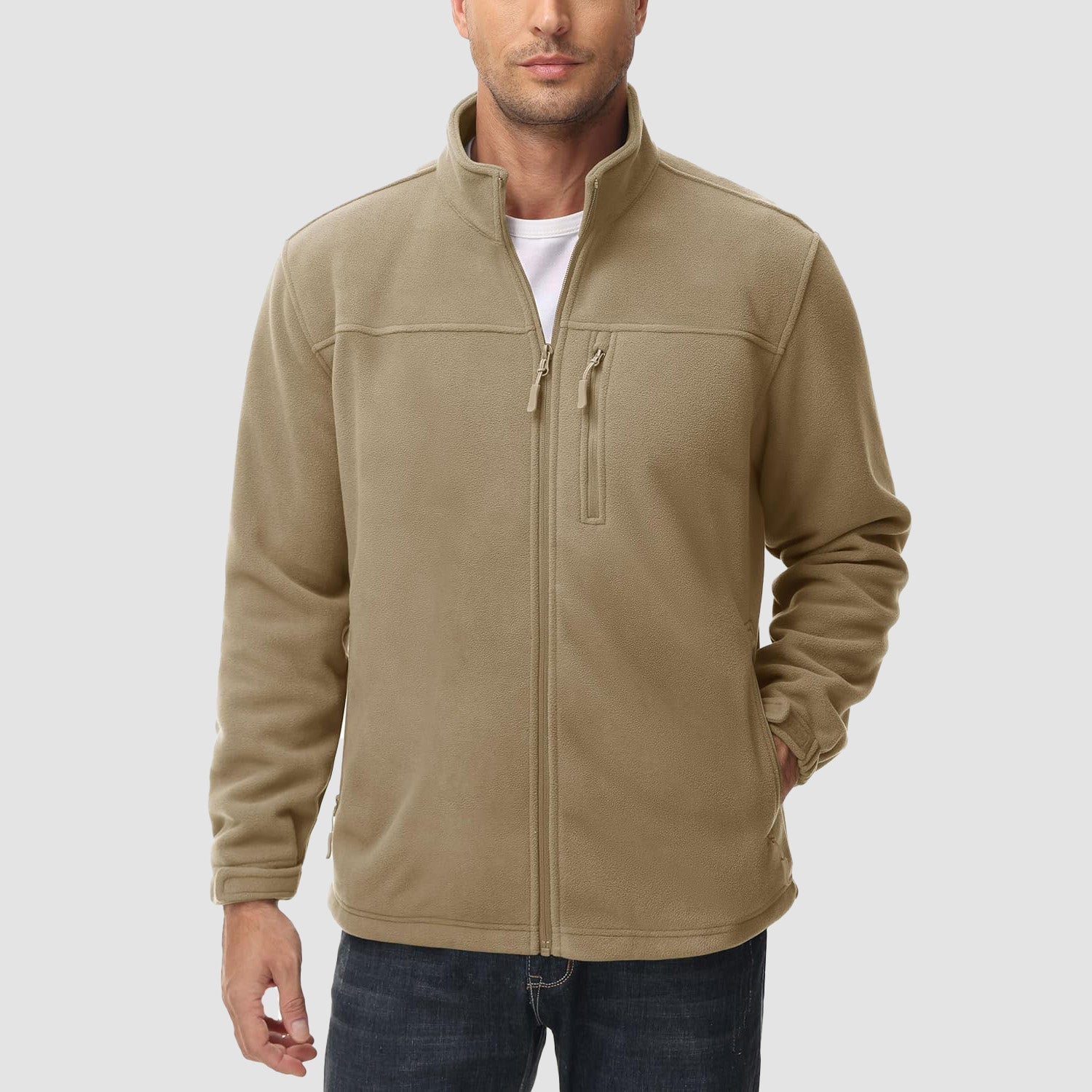 Khaki Men's Winter Fleece Jacket with 3 Pockets for Hiking & Outdoor