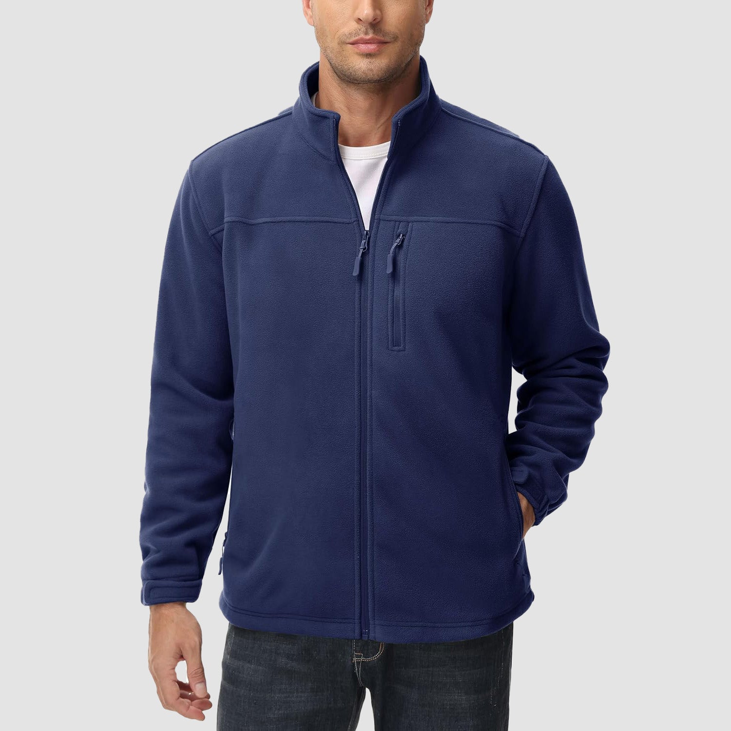 Navy Men's Winter Fleece Jacket with 3 Pockets for Hiking & Outdoor