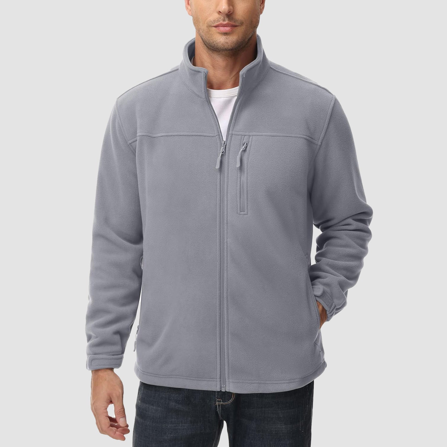 Light Grey Men's Winter Fleece Jacket with 3 Pockets for Hiking & Outdoor