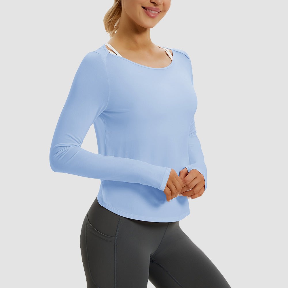Pale Blue Open Back Workout Tops - MAGCOMSEN