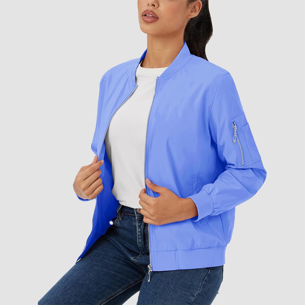 Light Blue Women's Bomber Jacket with 3 Pockets Spring Windbreaker - MAGCOMSEN