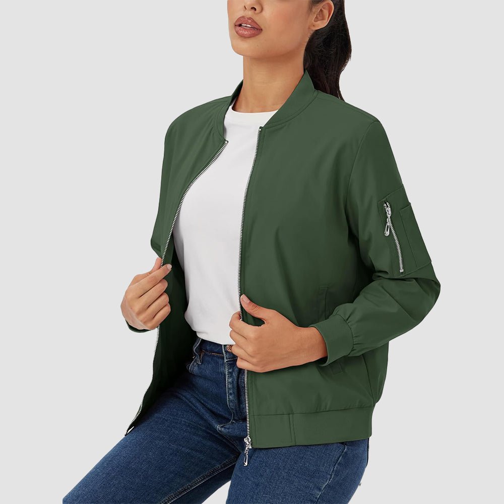 Army Green Women's Bomber Jacket with 3 Pockets Spring Windbreaker - MAGCOMSEN