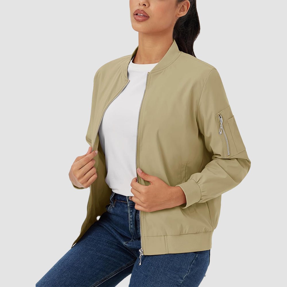 Khaki Women's Bomber Jacket with 3 Pockets Spring Windbreaker - MAGCOMSEN