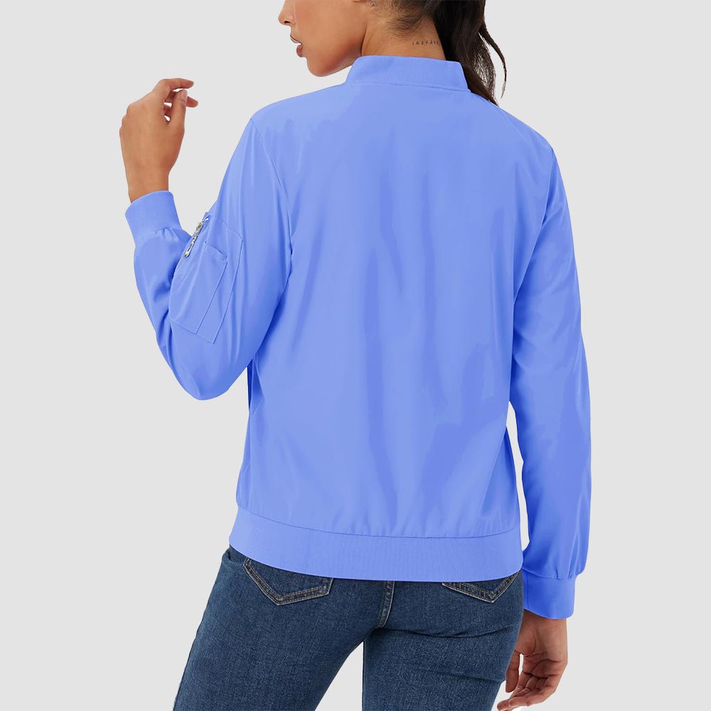Light Blue Women's Bomber Jacket with 3 Pockets Spring Windbreaker - MAGCOMSEN
