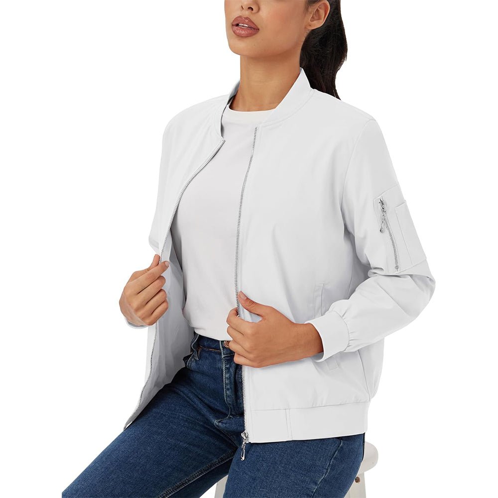 White Women's Bomber Jacket with 3 Pockets Spring Windbreaker - MAGCOMSEN