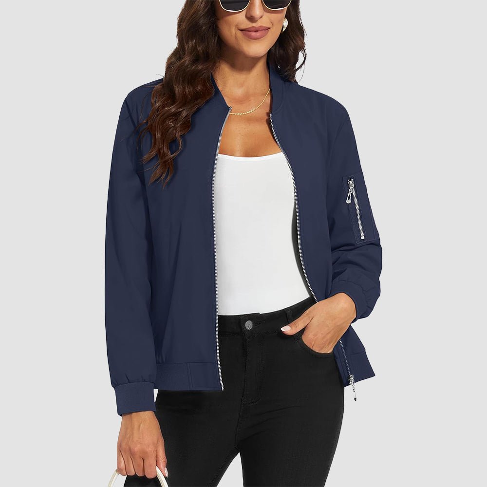 Navy Women's Bomber Jacket with 3 Pockets Spring Windbreaker - MAGCOMSEN