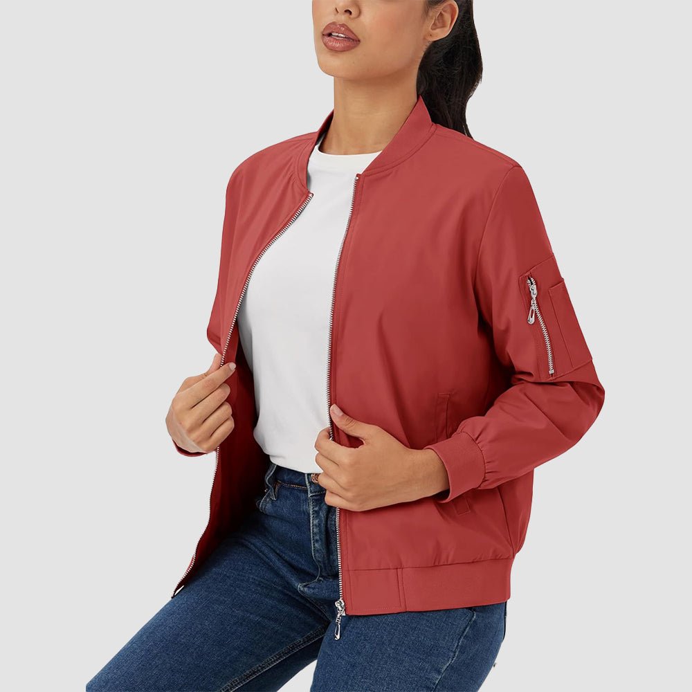 Dark Orange Women's Bomber Jacket with 3 Pockets Spring Windbreaker - MAGCOMSEN