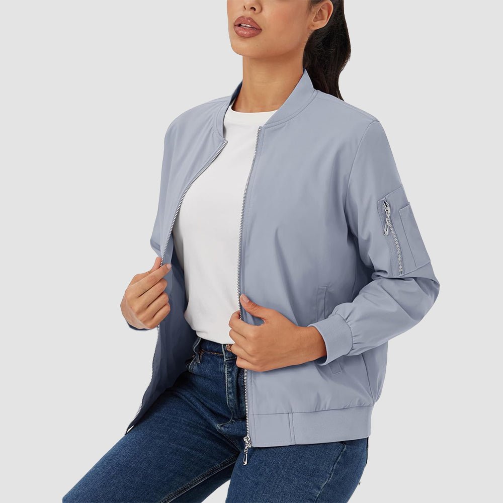 Light Grey Women's Bomber Jacket with 3 Pockets Spring Windbreaker - MAGCOMSEN