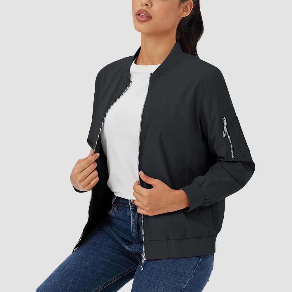 Black Women's Bomber Jacket with 3 Pockets Spring Windbreaker - MAGCOMSEN