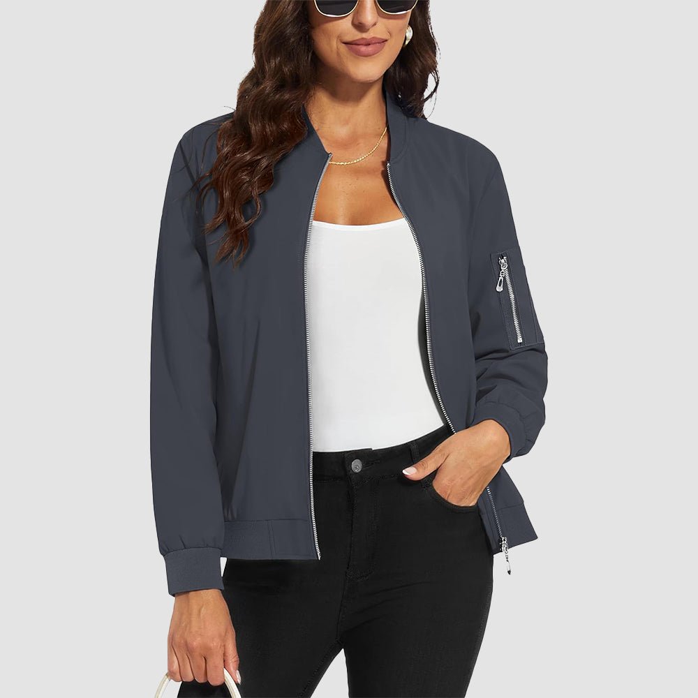 Dark Grey Women's Bomber Jacket with 3 Pockets Spring Windbreaker - MAGCOMSEN
