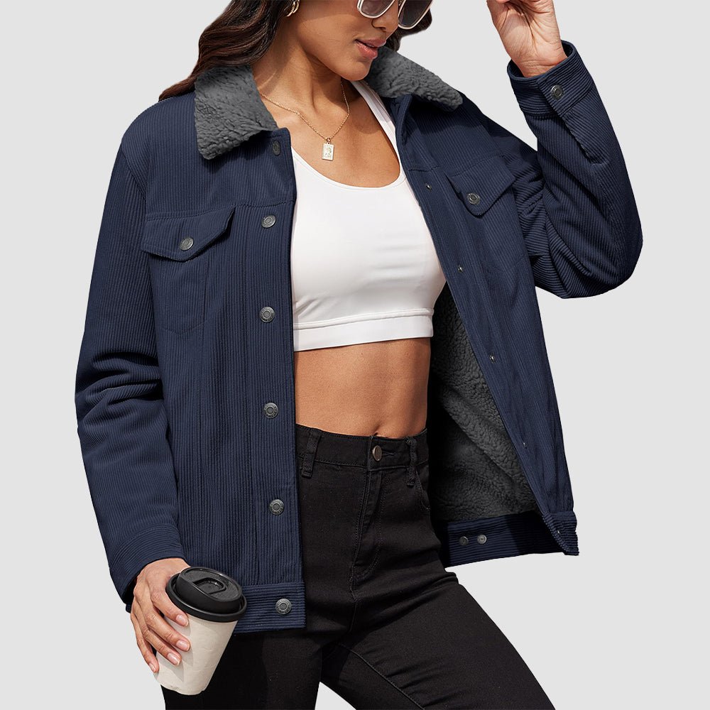 Navy Women's Corduroy Jacket Sherpa Lined Warm Winter Coat - MAGCOMSEN