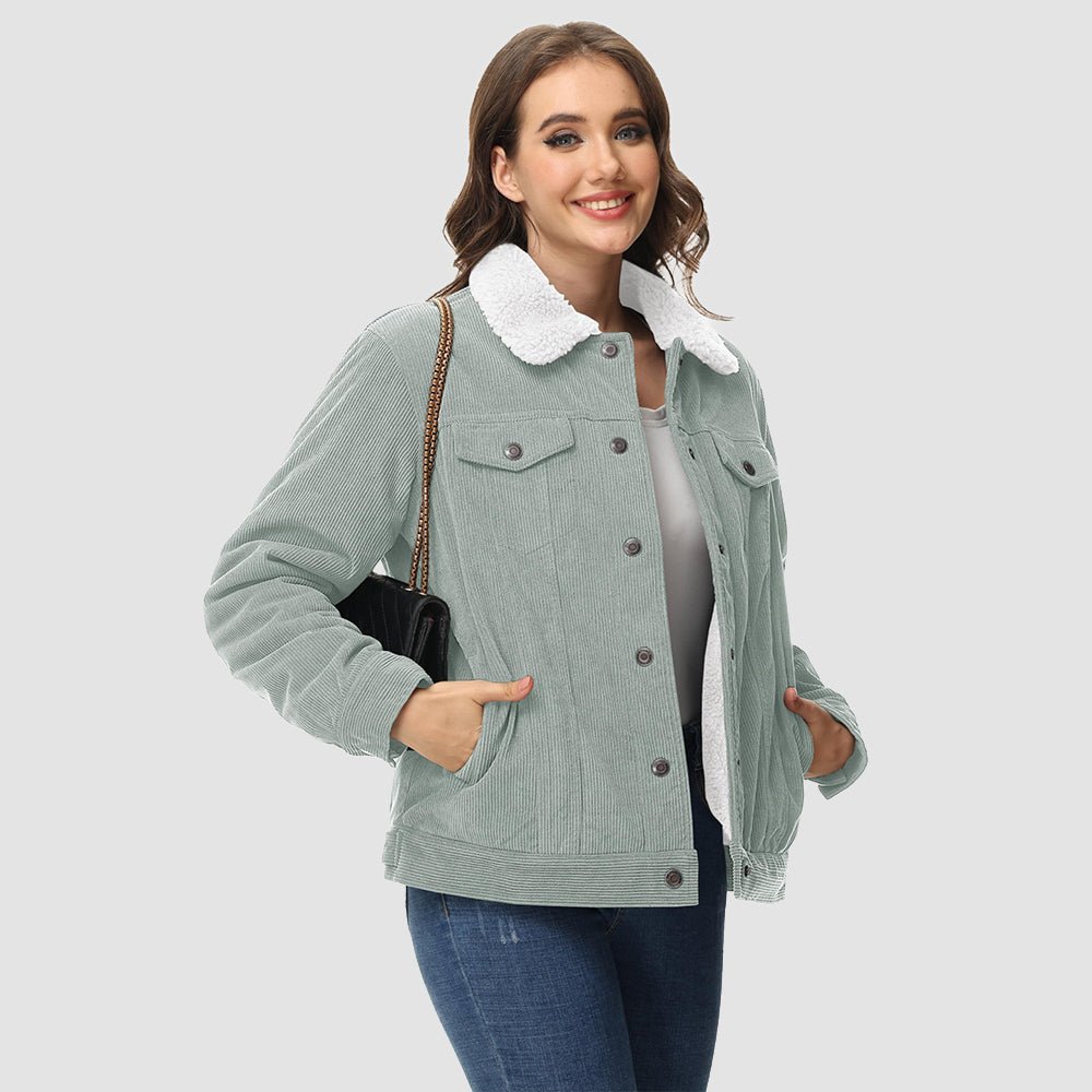 Light Grey Women's Corduroy Jacket Sherpa Lined Warm Winter Coat - MAGCOMSEN
