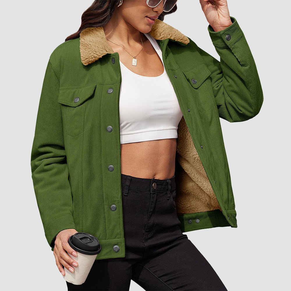 Army Green Women's Corduroy Jacket Sherpa Lined Warm Winter Coat - MAGCOMSEN