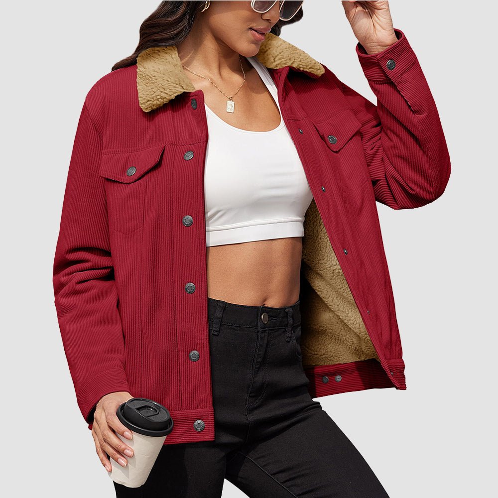 Wine Red Women's Corduroy Jacket Sherpa Lined Warm Winter Coat - MAGCOMSEN