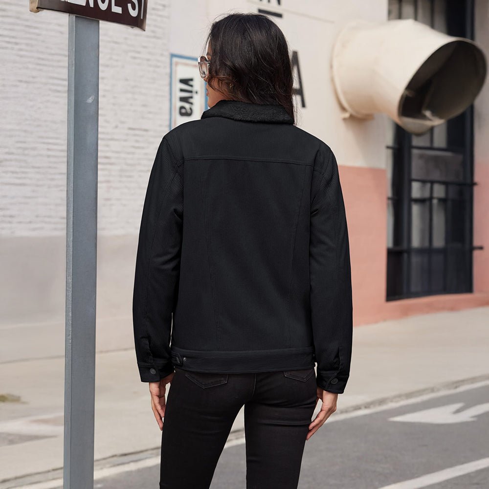 Black Women's Corduroy Jacket Sherpa Lined Warm Winter Coat - MAGCOMSEN