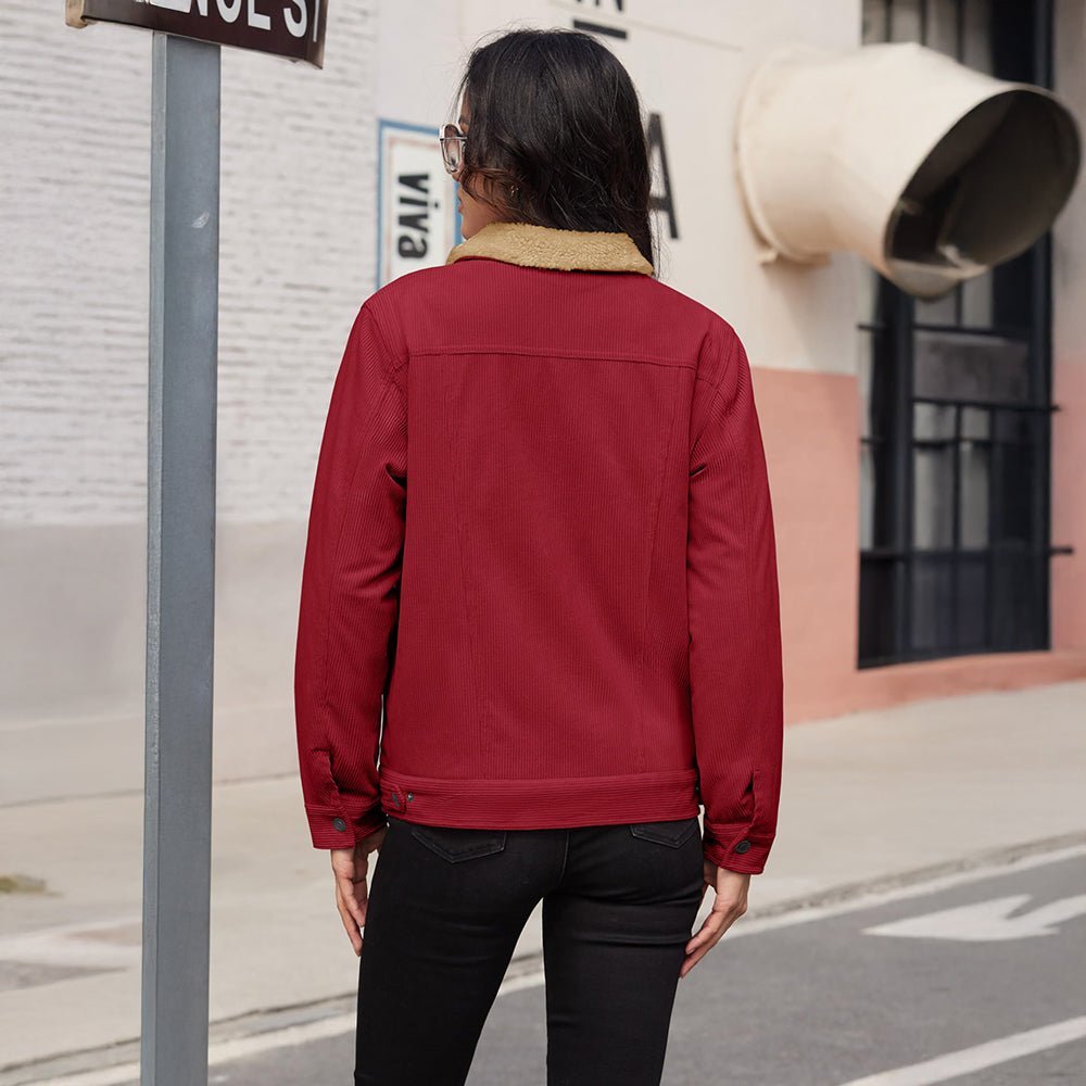 Wine Red Women's Corduroy Jacket Sherpa Lined Warm Winter Coat - MAGCOMSEN