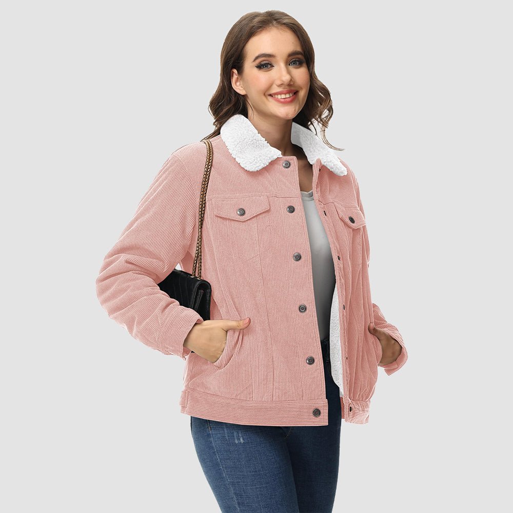 Light Pink Women's Corduroy Jacket Sherpa Lined Warm Winter Coat - MAGCOMSEN