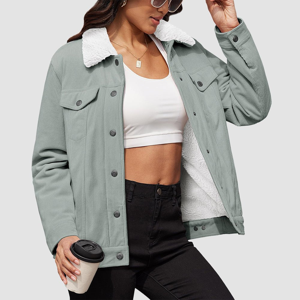Light Grey Women's Corduroy Jacket Sherpa Lined Warm Winter Coat - MAGCOMSEN