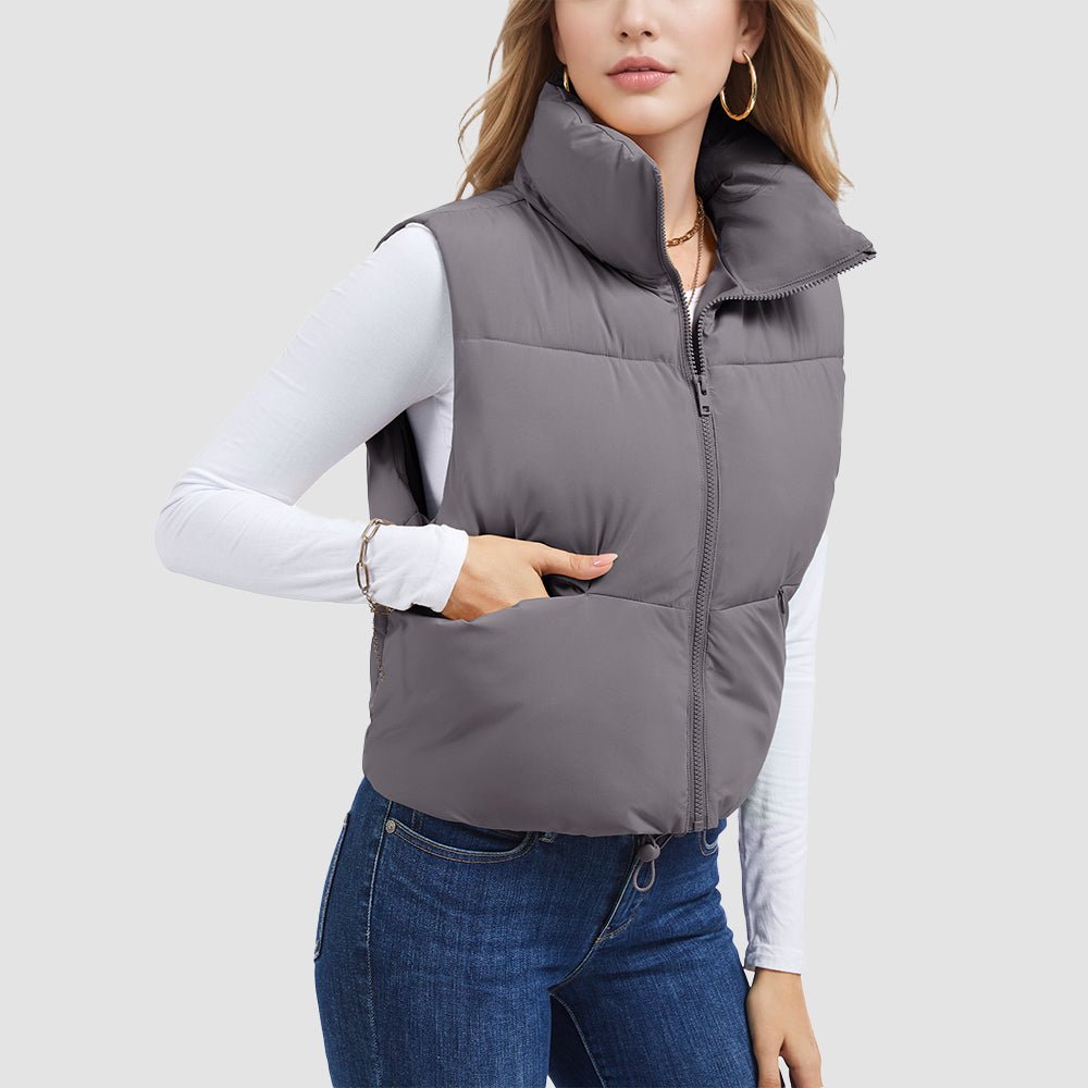 Grey Purple Women's Cropped Puffer Vest Lightweight Winter Outerwear - MAGCOMSEN
