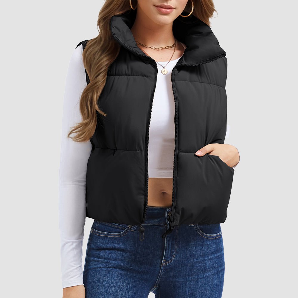 Black Women's Cropped Puffer Vest Lightweight Winter Outerwear - MAGCOMSEN