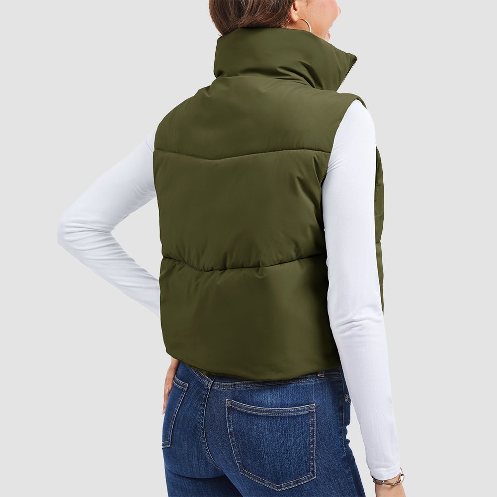 Olive Green Women's Cropped Puffer Vest Lightweight Winter Outerwear - MAGCOMSEN