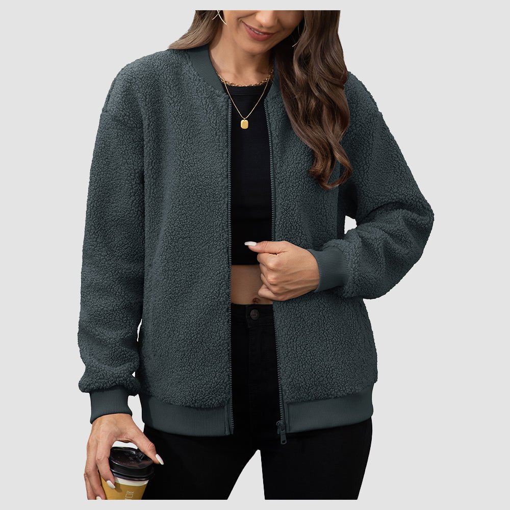 Dark Grey Women's Cropped Sherpa Bomber Jacket - Warm Zip Up Teddy Fleece Coat - MAGCOMSEN