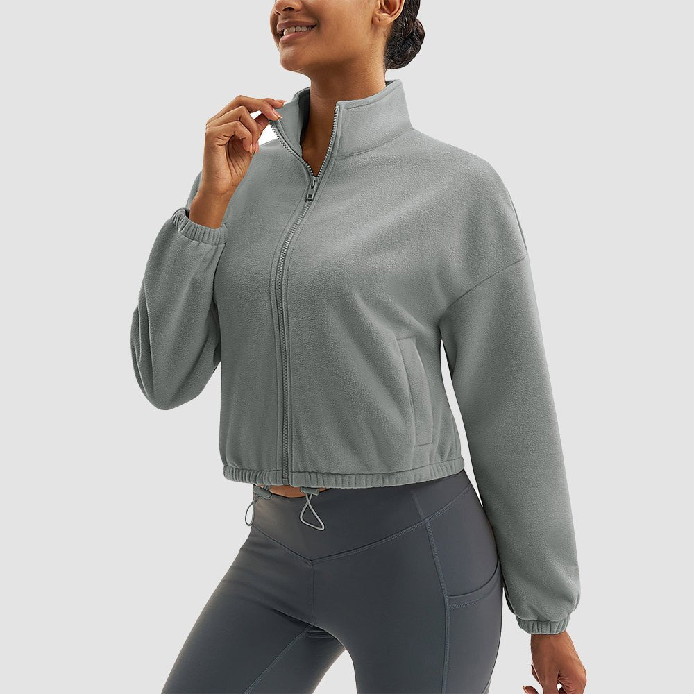 Light Grey Women's Cropped Sherpa Fleece Jacket - Full Zip Stand Collar Winter Coat - MAGCOMSEN#Color_Light Grey 