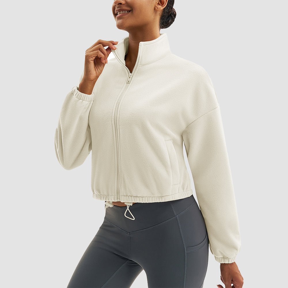 Beige Women's Cropped Sherpa Fleece Jacket - Full Zip Stand Collar Winter Coat - MAGCOMSEN#Color_Beige