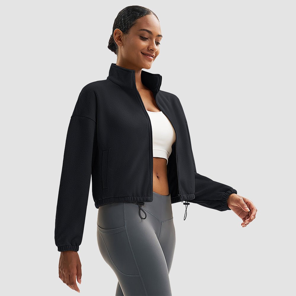 Black Women's Cropped Sherpa Fleece Jacket - Full Zip Stand Collar Winter Coat - MAGCOMSEN#Color_Black