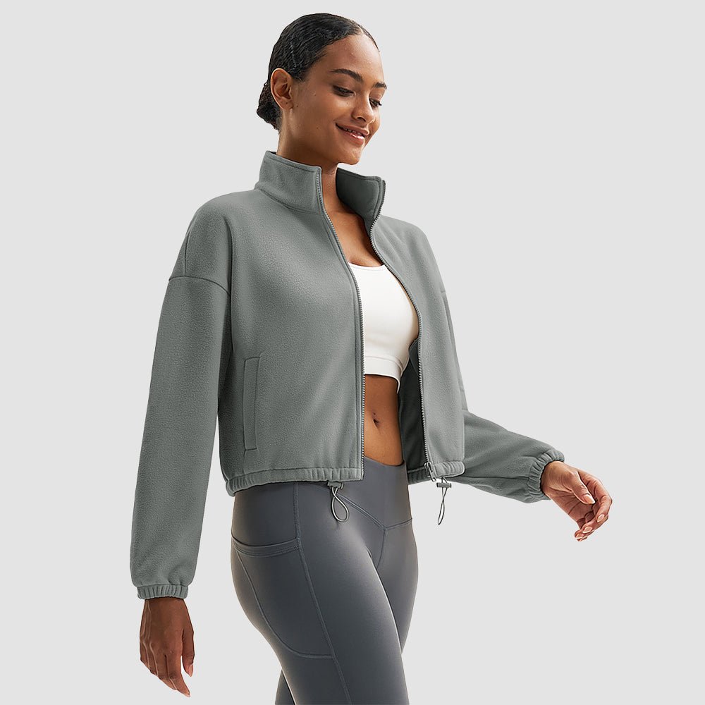 Light Grey Women's Cropped Sherpa Fleece Jacket - Full Zip Stand Collar Winter Coat - MAGCOMSEN#Color_Light Grey 