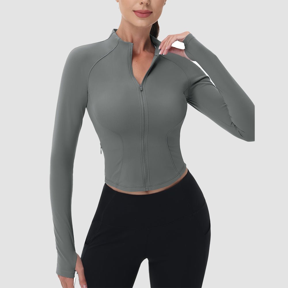 Medium Gray Women's Cropped Zip Up Workout Jacket - Slim Fit Lightweight Yoga Running Top - MAGCOMSEN