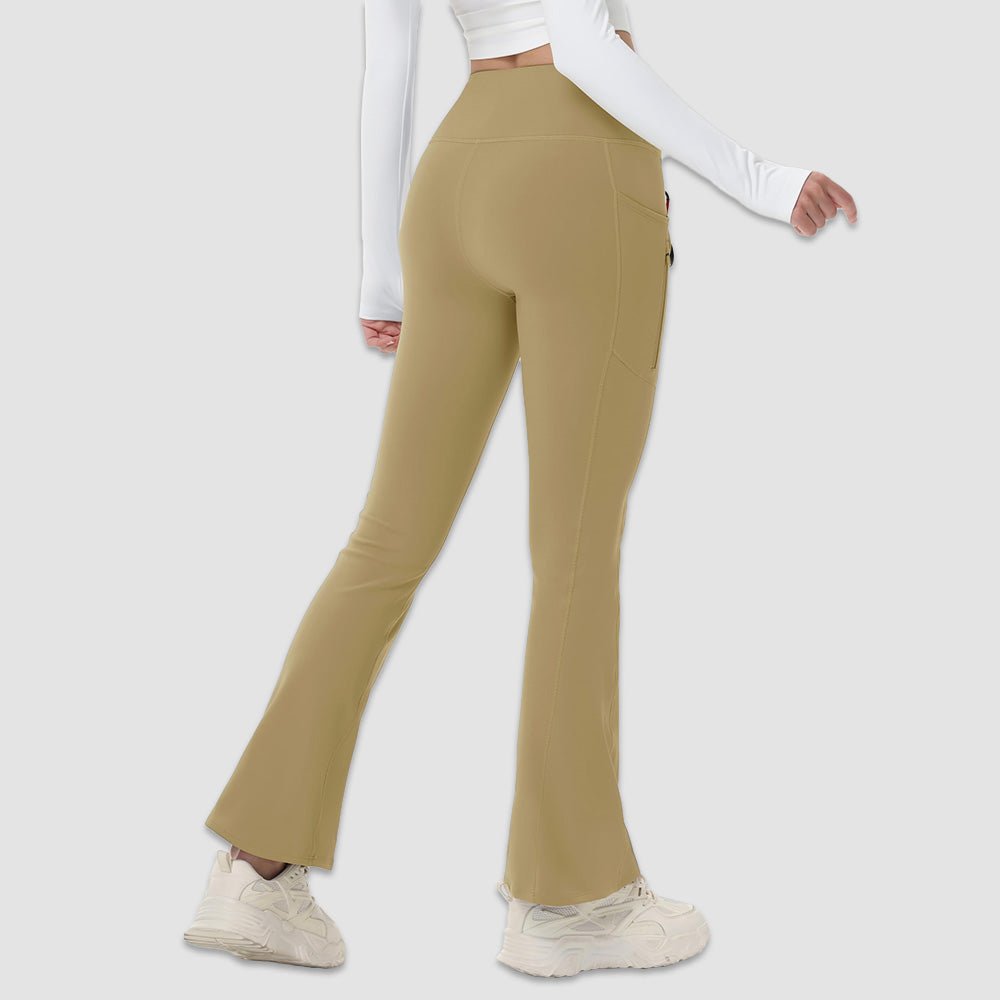 Khaki Women's Fleece Lined Flare Leggings - Waterproof Winter Hiking Pants with Pockets - MAGCOMSEN