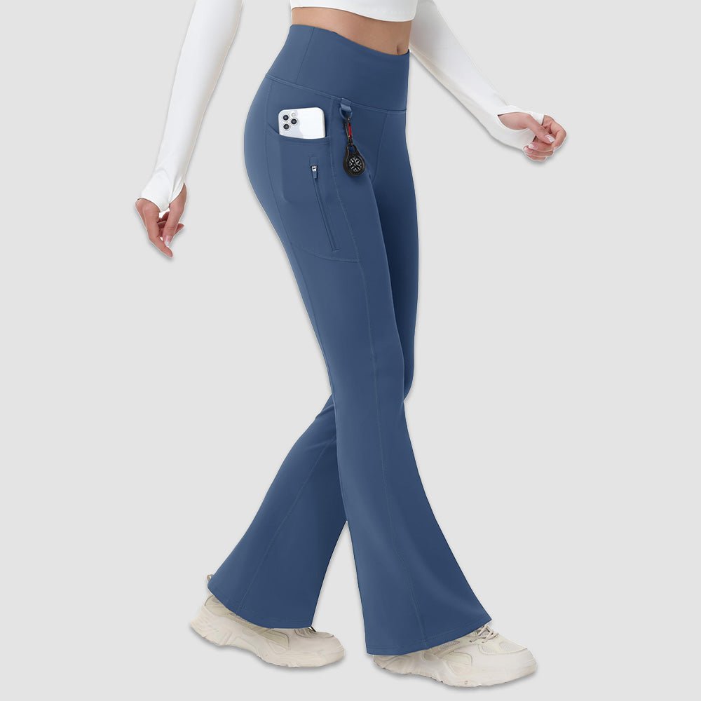 Blue Grey Women's Fleece Lined Flare Leggings - Waterproof Winter Hiking Pants with Pockets - MAGCOMSEN