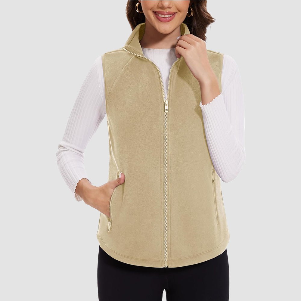 Light Khaki Women's Fleece Vest Sleeveless Lightweight Warmth Jackets - MAGCOMSEN