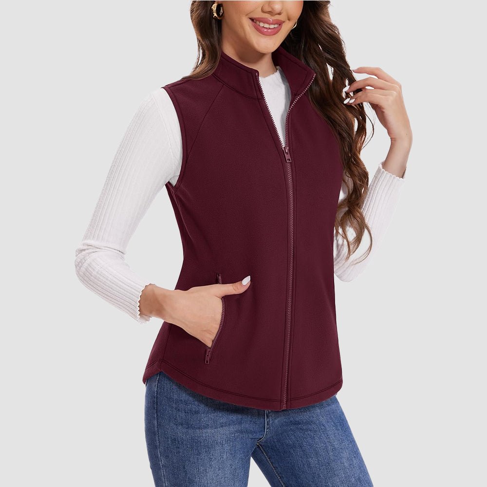 Wine Red Women's Fleece Vest Sleeveless Lightweight Warmth Jackets - MAGCOMSEN
