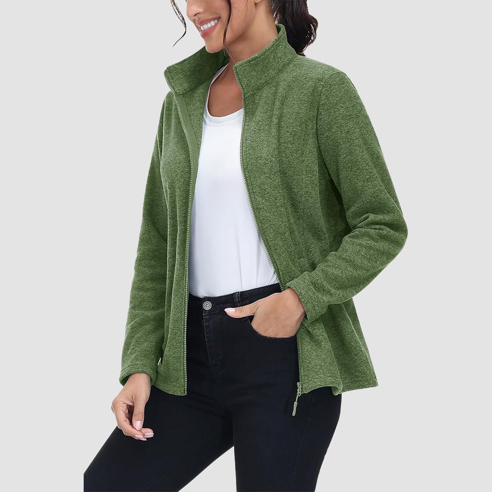 Army Green Women's Full Zip Fleece Jacket - Zip Pockets, Warm - MAGCOMSEN