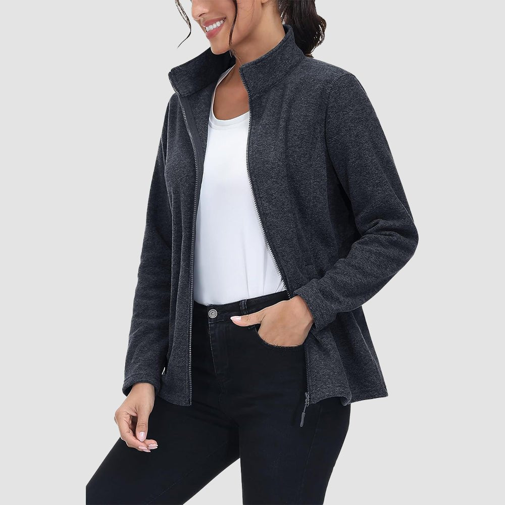 Black Women's Full Zip Fleece Jacket - Zip Pockets, Warm - MAGCOMSEN
