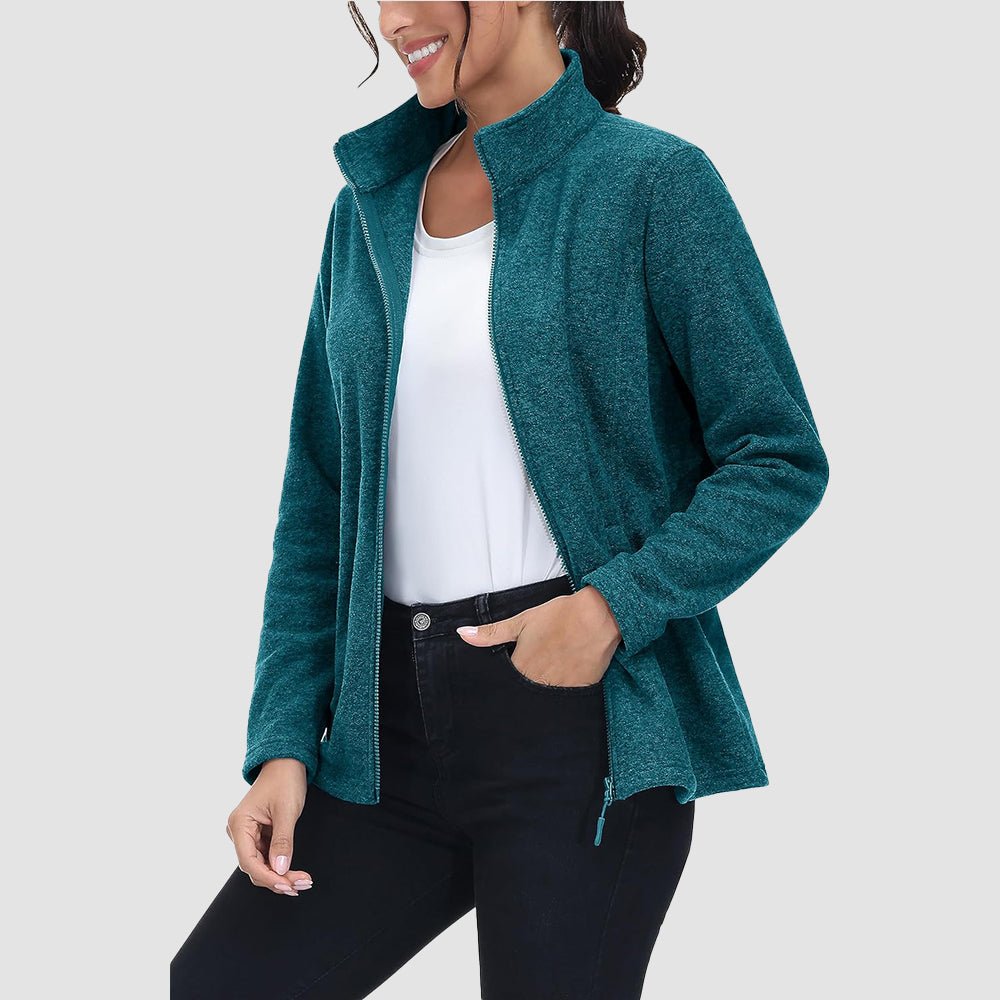 Peacock Blue Women's Full Zip Fleece Jacket - Zip Pockets, Warm - MAGCOMSEN