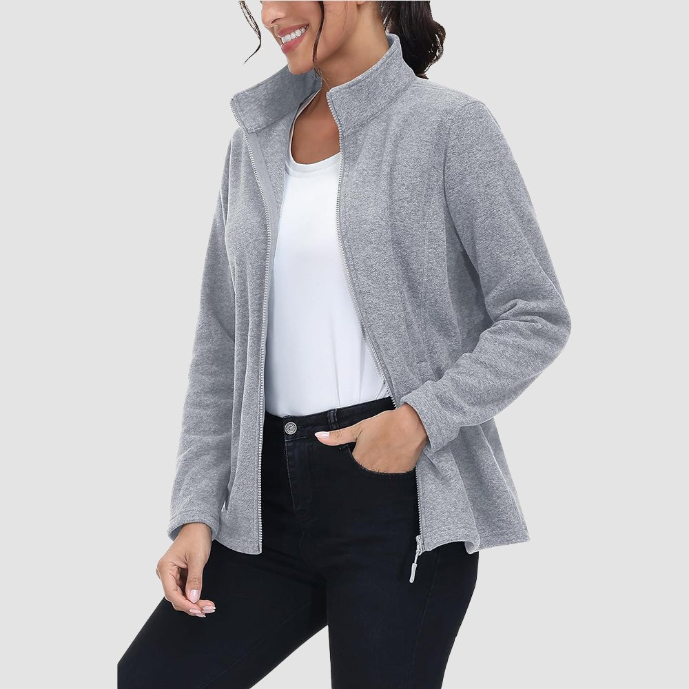 Light Grey Women's Full Zip Fleece Jacket - Zip Pockets, Warm - MAGCOMSEN