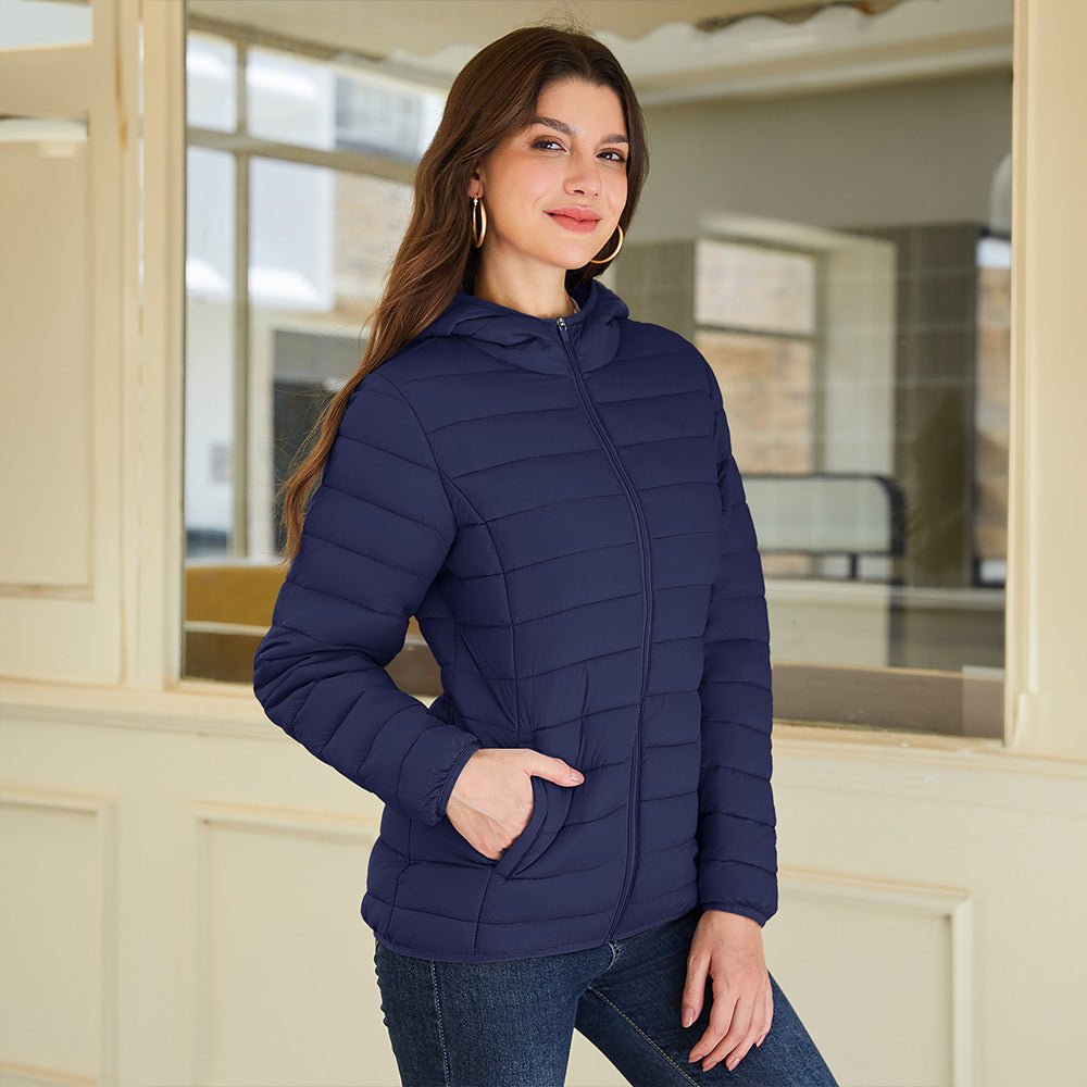 Navy Women's Hooded Lightweight Puffer Jacket Full Zip Winter Coat - MAGCOMSEN