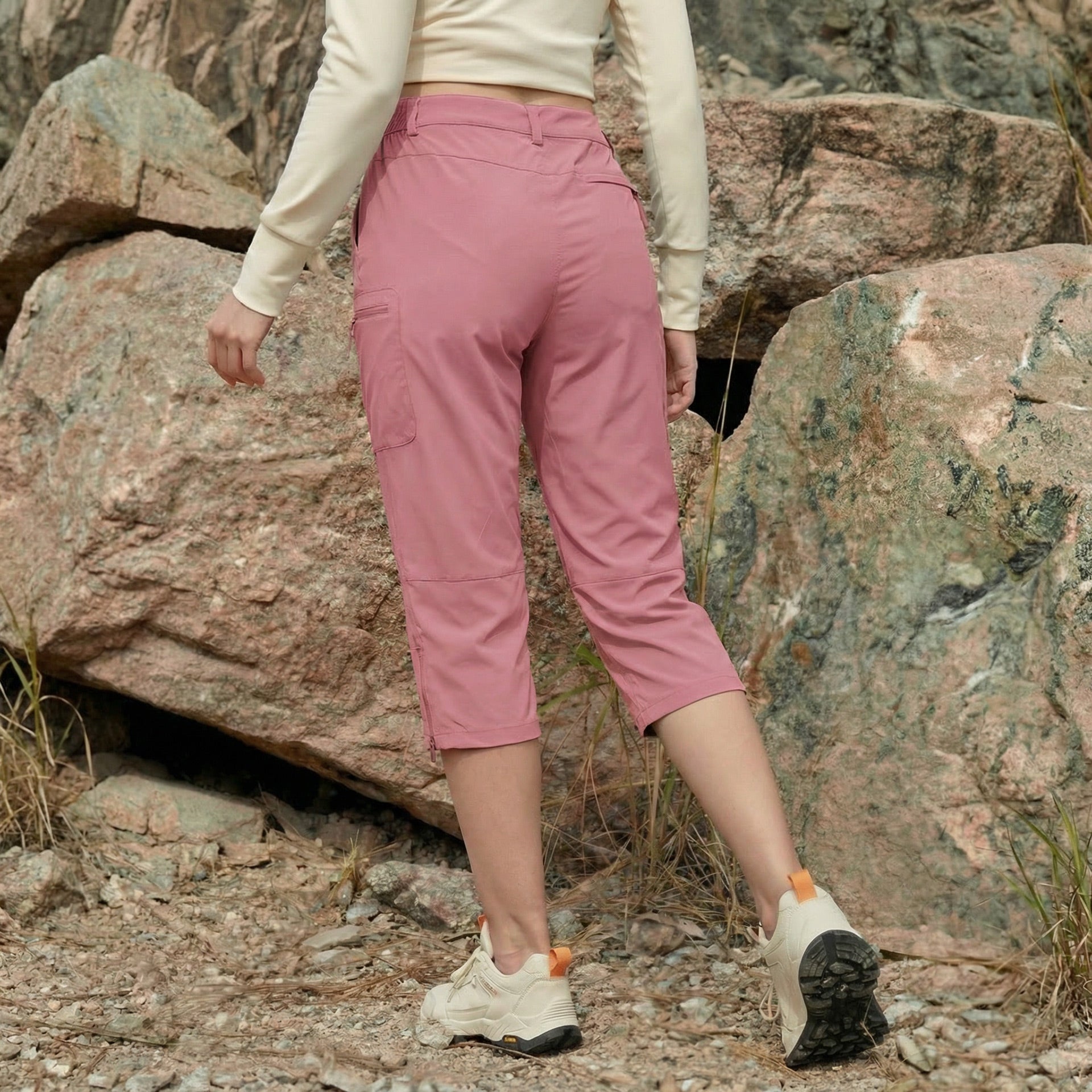 Women's Lightweight Water-Resistant Hiking Capris with 5 Pockets Light Grey by MAGCOMSEN #Color_Grey Pink