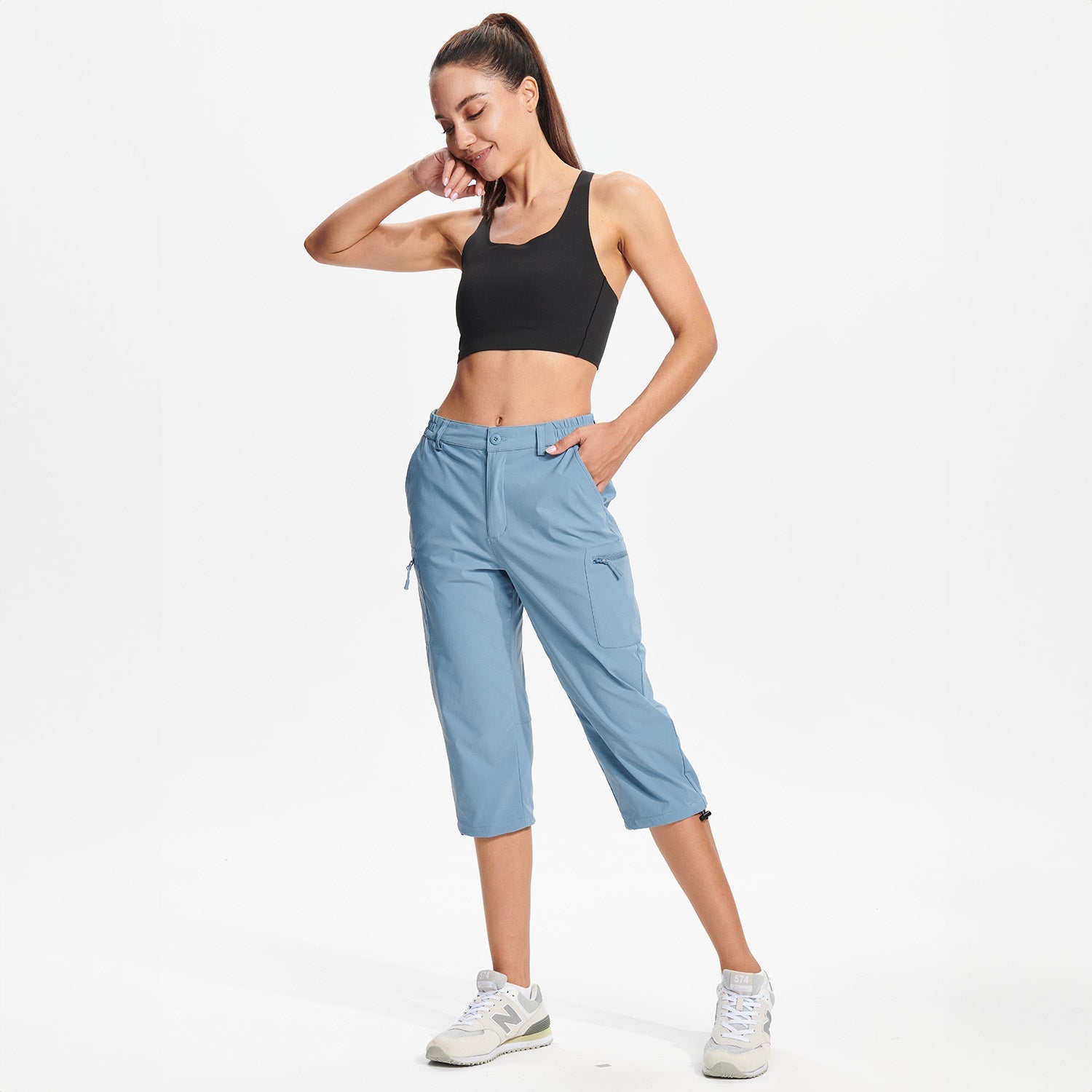 Light Blue Women's Lightweight Water-Resistant Hiking Capris with 5 Pockets - MAGCOMSEN